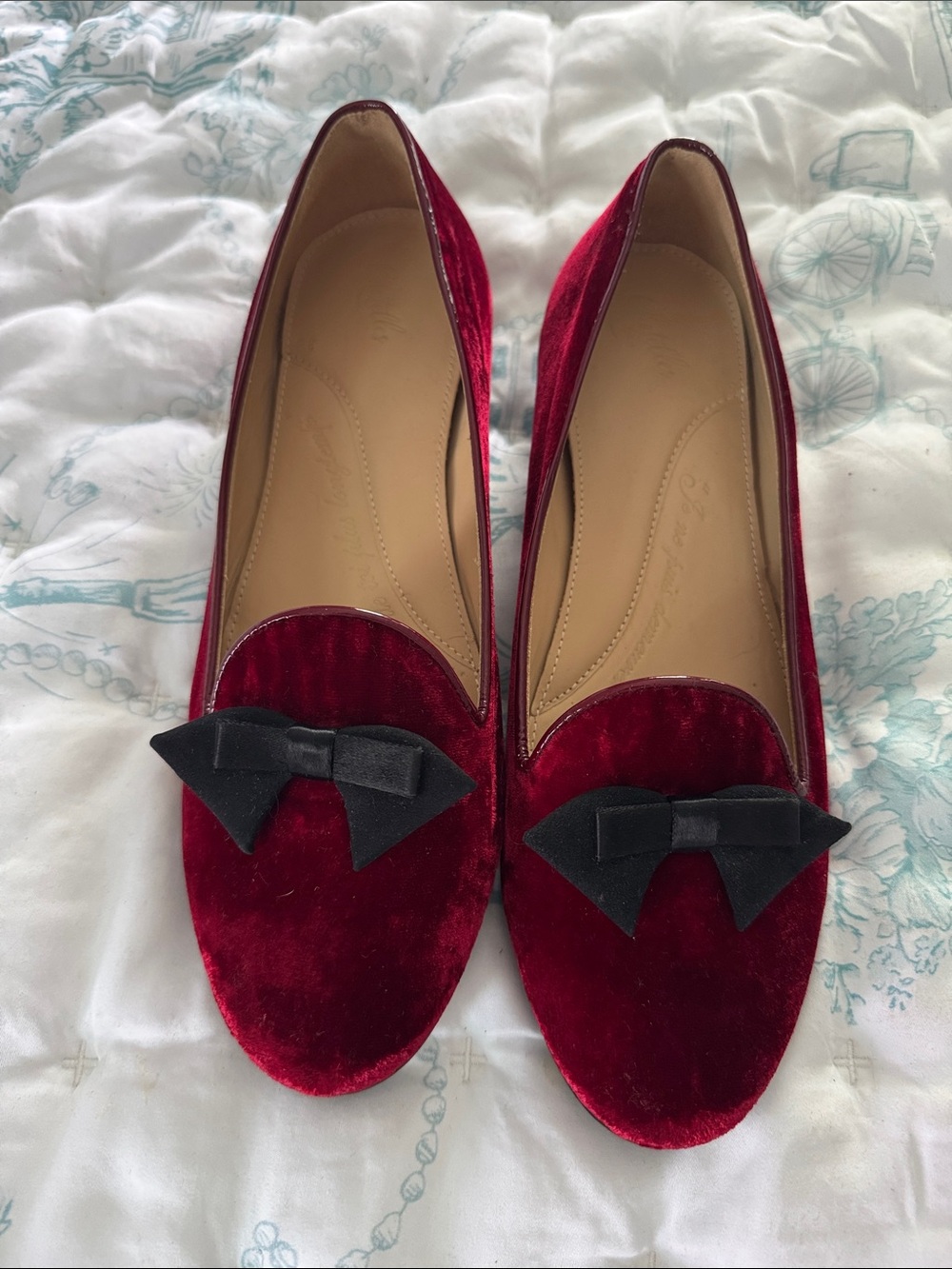 Women's Red Velvet Bow Loafers - Slip-On Flat Dress Shoes
